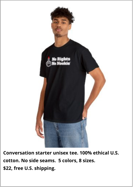 Conversation starter unisex tee. 100% ethical U.S. cotton. No side seams.  5 colors, 8 sizes.   $22, free U.S. shipping.